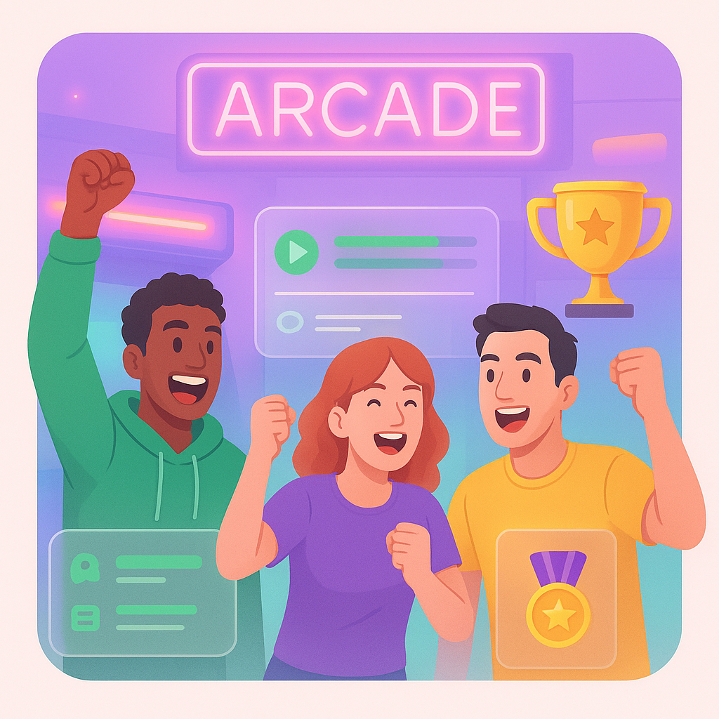 ArcadeFoundry hero montage — players, UI, neon badges